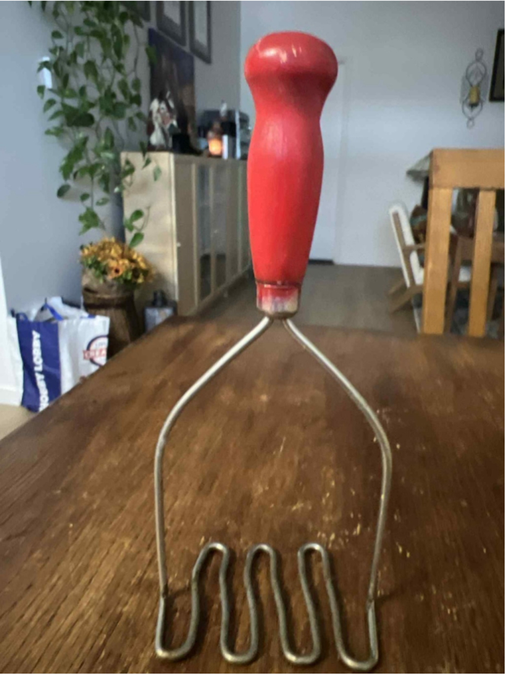 Antique Steel Potato Masher with Wood Chippy Red Painted Handle Primitive Rustic
